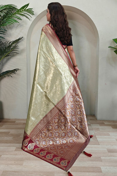 Prettiest Pista Kanjivaram Silk Saree With Glorious Blouse Piece