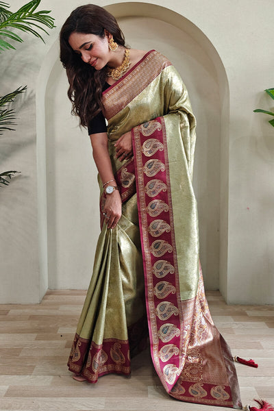 Prettiest Pista Kanjivaram Silk Saree With Glorious Blouse Piece