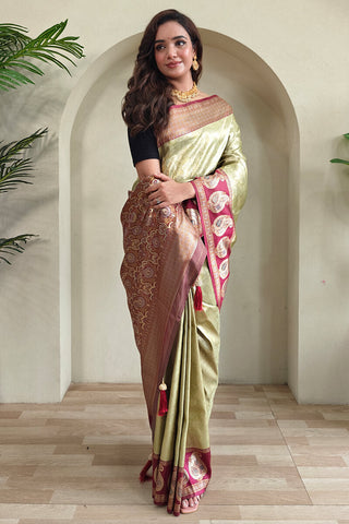 Prettiest Pista Kanjivaram Silk Saree With Glorious Blouse Piece
