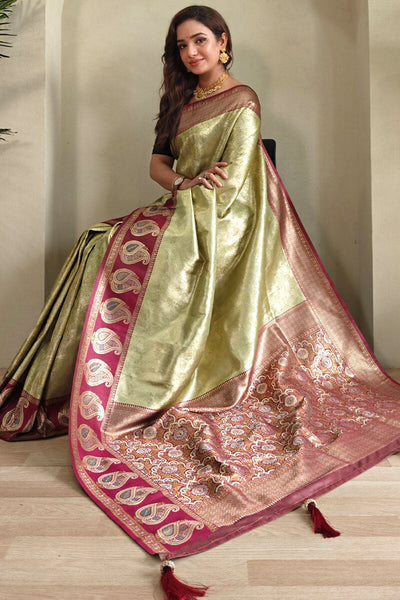 Prettiest Pista Kanjivaram Silk Saree With Glorious Blouse Piece