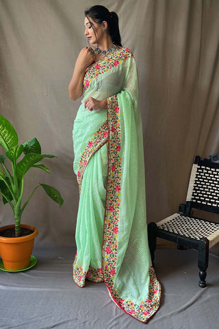 Murmurous Pista Sequence Work Georgette Saree With Dalliance Blouse Piece