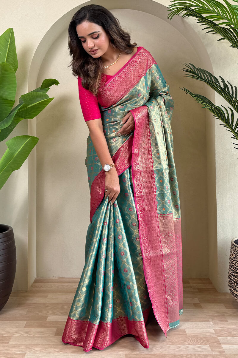 Bewitching Sea Green Soft Banarasi Tissue Silk Saree With Vivacious Blouse Piece