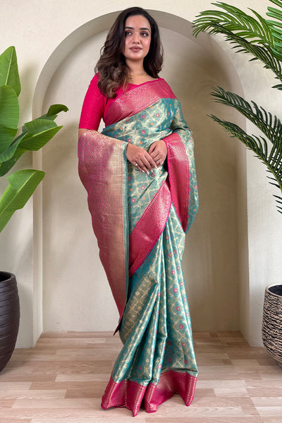 Bewitching Sea Green Soft Banarasi Tissue Silk Saree With Vivacious Blouse Piece