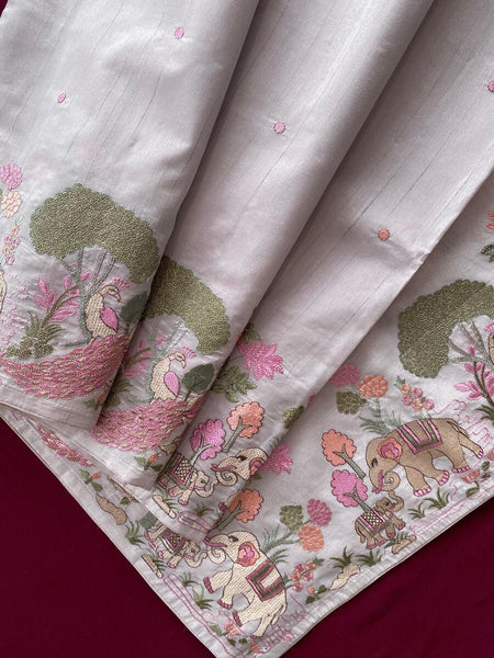 Redolent Off White Embroidery Work Tussar Silk Saree With Petrichor Blouse Piece
