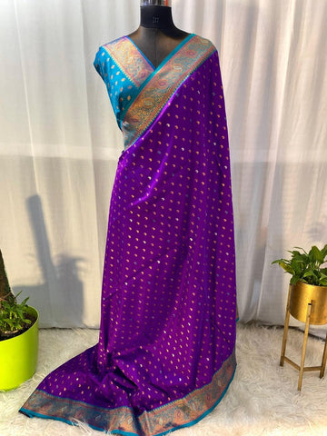 Bucolic Purple Soft Banarasi Silk Saree With Eloquence Blouse Piece