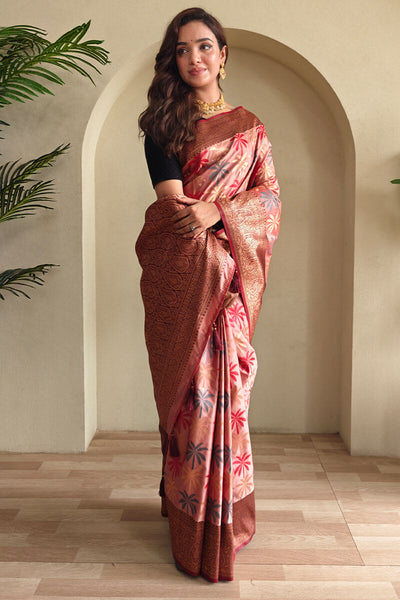 Assemblage Pink Soft Banarasi Silk Saree With Snazzy Blouse Piece