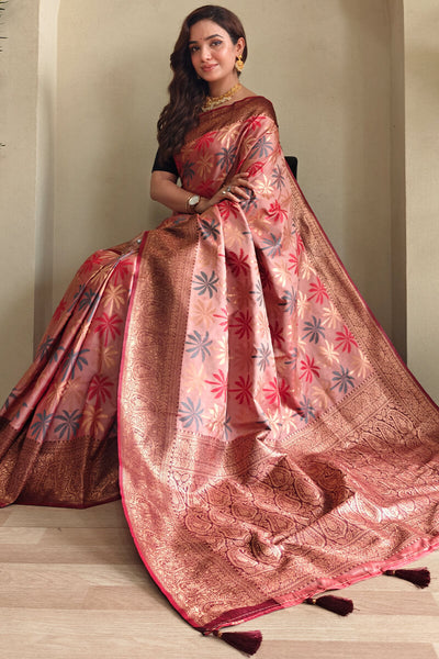 Assemblage Pink Soft Banarasi Silk Saree With Snazzy Blouse Piece