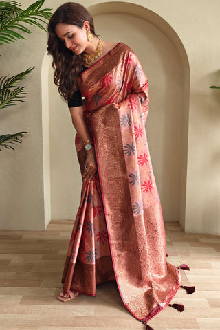 Assemblage Pink Soft Banarasi Silk Saree With Snazzy Blouse Piece