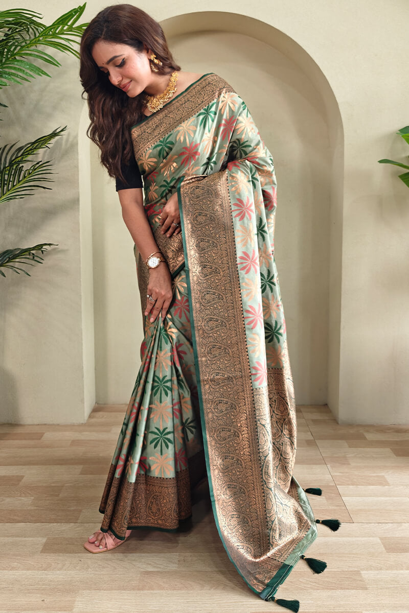 Bucolic Pista Soft Banarasi Silk Saree With Tremendous Blouse Piece