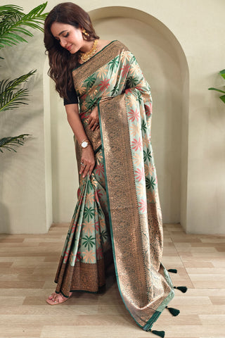 Bucolic Pista Soft Banarasi Silk Saree With Tremendous Blouse Piece
