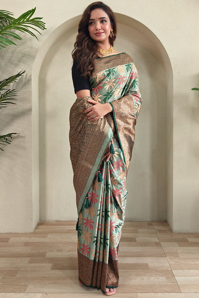 Bucolic Pista Soft Banarasi Silk Saree With Tremendous Blouse Piece