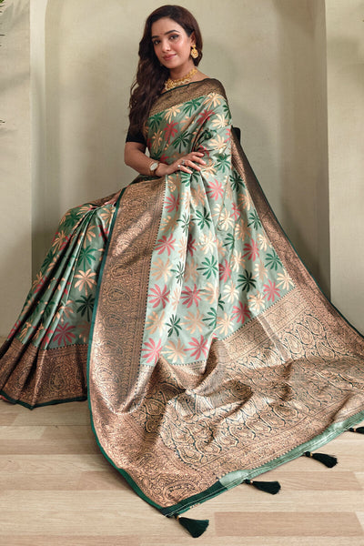 Bucolic Pista Soft Banarasi Silk Saree With Tremendous Blouse Piece