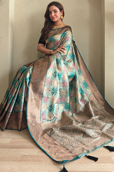 Ailurophile Rama Soft Banarasi Silk Saree With Admirable Blouse Piece