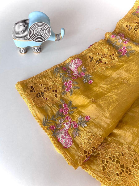 Angelic Mustard Embroidery Work Crush Silk Saree With Fragrant Blouse Piece