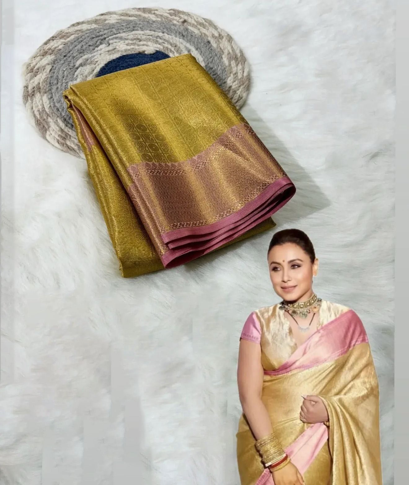 Bollywood Style Golden Soft Tissue Silk Saree With Artistic Blouse Piece